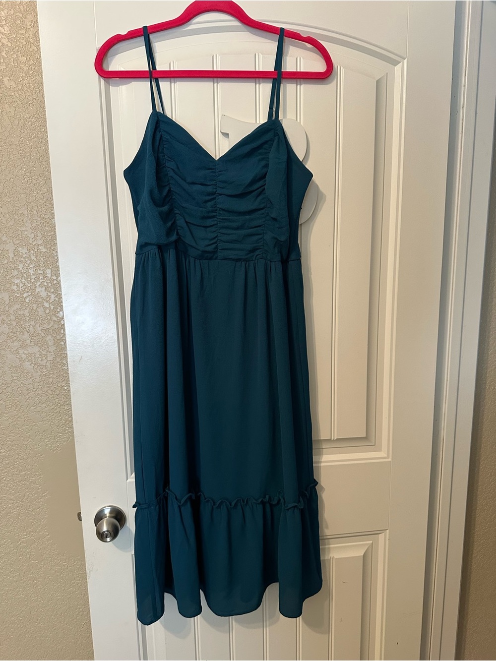 Strapless Teal Ruched Bodice Midi Dress